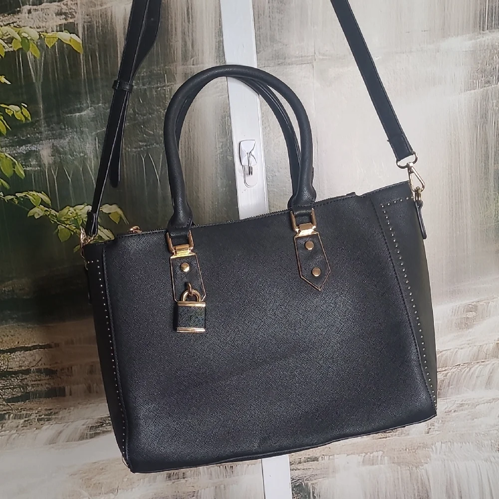 Miztique Womens Elegant Black Handbag Satchel gold accents and accent lock